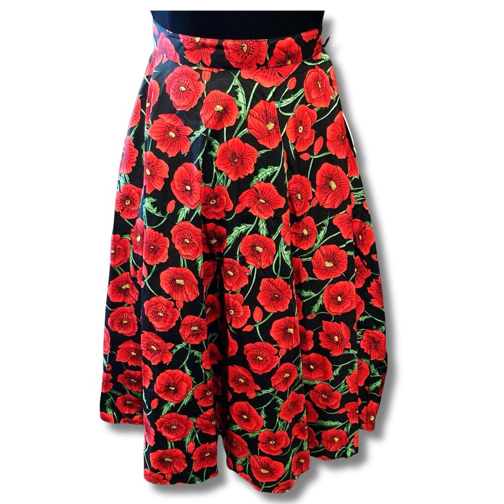 HELL BUNNY NWT Red and black floral poppy print circle skirt vintage style SMALL